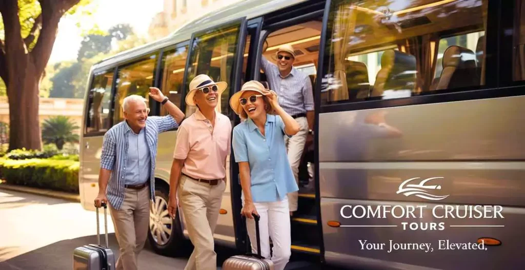Active seniors boarding a comfortable motorcoach for a scenic group tour in Georgia.
