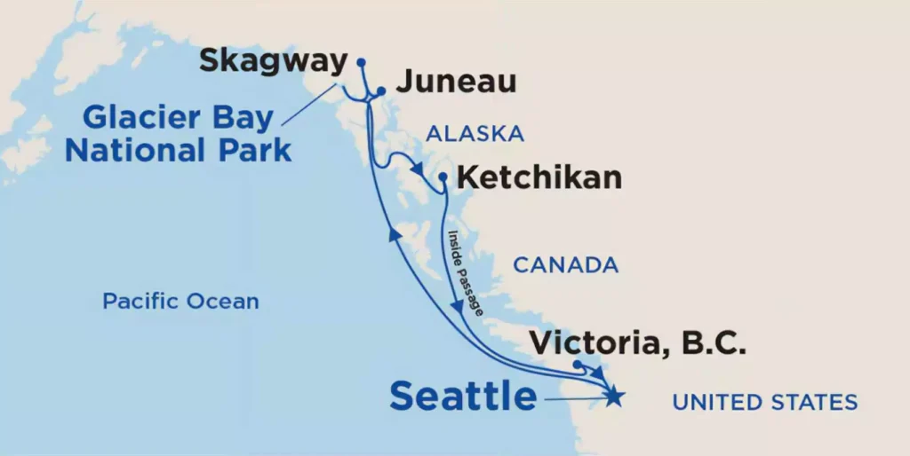 Most Alaska cruises follow this iconic route through the misty fjords and glacier-studded waters of the Inside Passage.